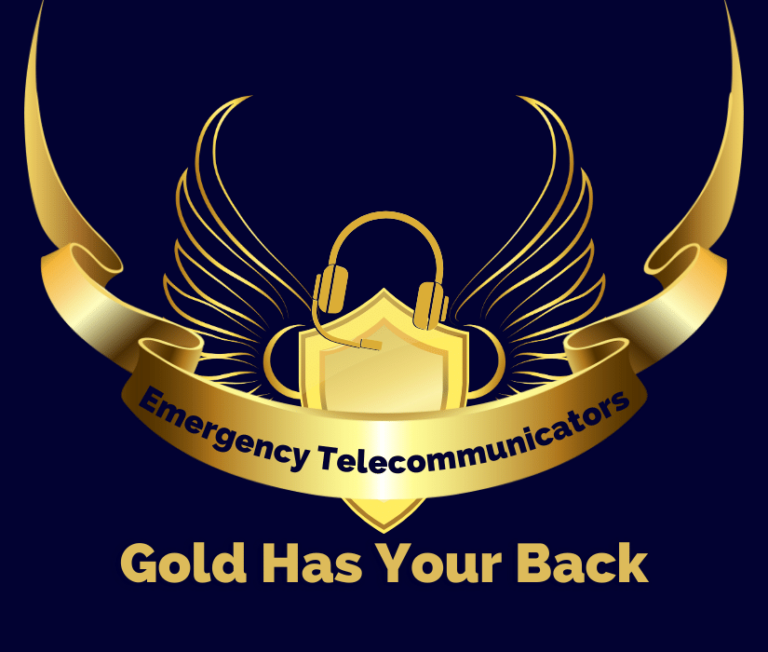 Emergency Telecommunicator Graphic Gold ribbon, shield and headset.